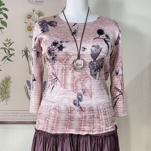 90s Y2k Floral Sequin Crinkle 3/4 Sleeve Top Gloomy Coquette Forest Fairy M L